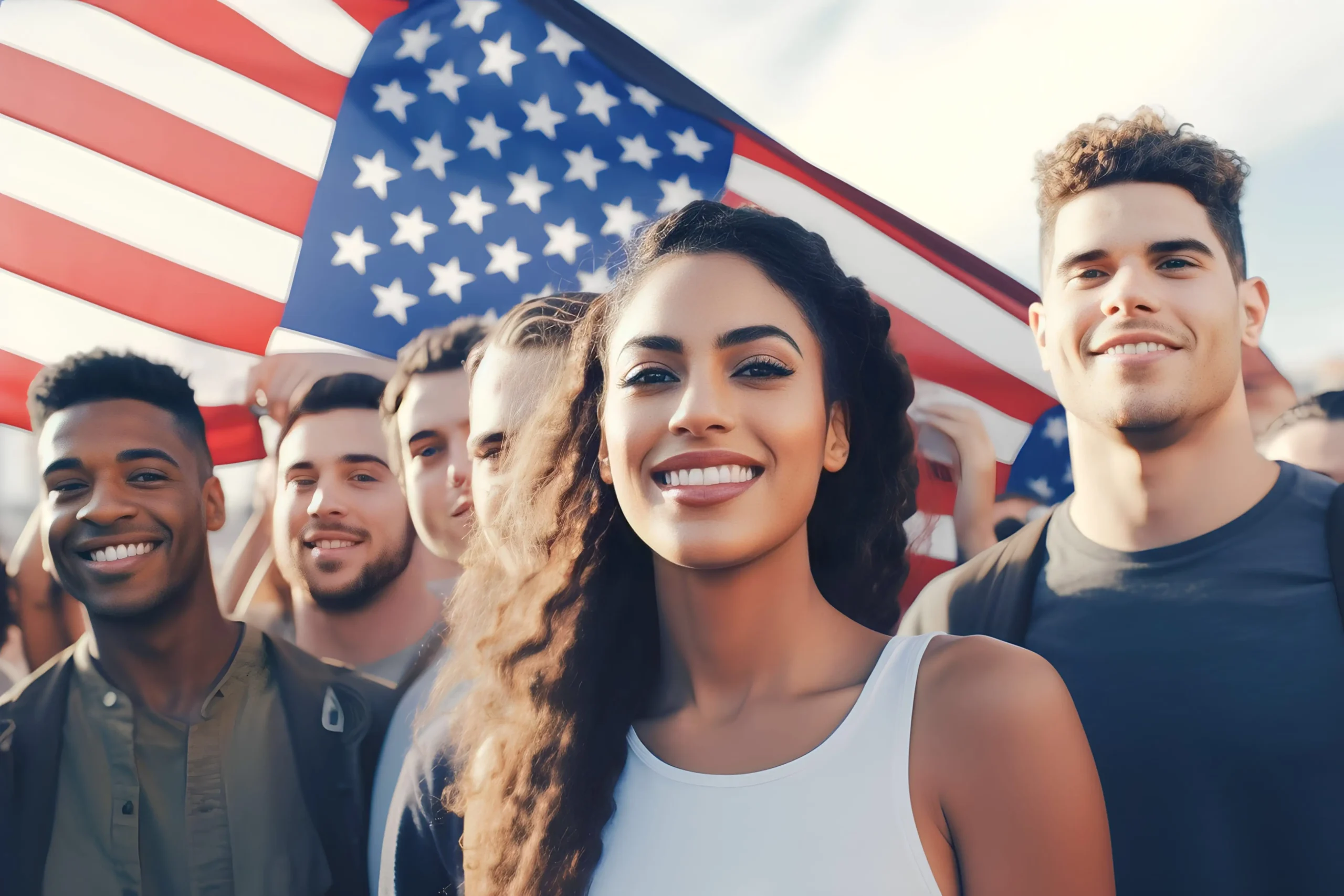 People standing in front of the American flag